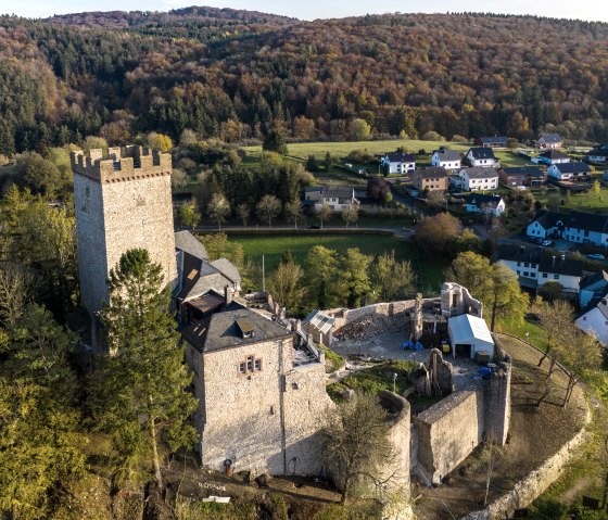 Aerial view of a medieval castle in the middle of an autumnal forest landscape, surrounded by a village with several houses., © Eifel Tourismus GmbH, Dominik Ketz