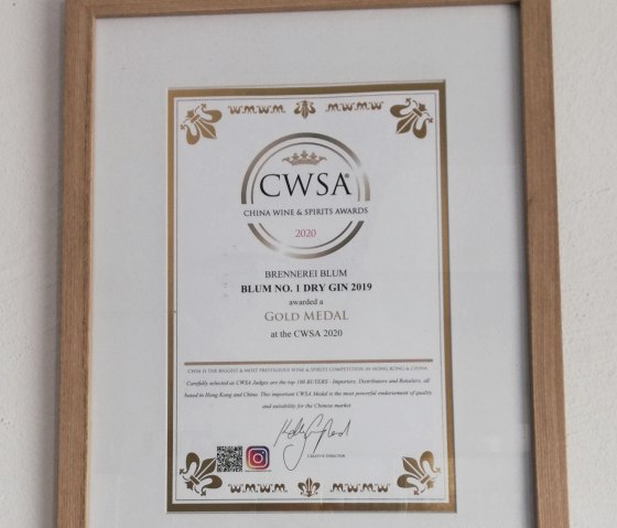 Auszeichnung für die Brennerei Blum no. 1 Dry Gin 2019: Gold Medal at the CWSA 2020