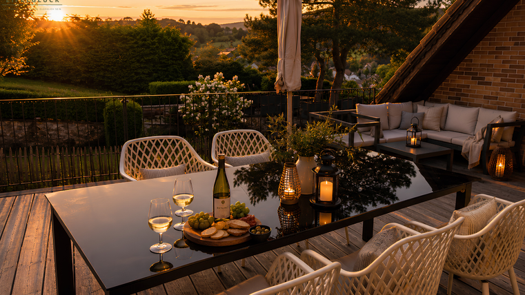 An elegant terrace with a large table and stylish chairs. In the background, the sun shines on the horizon, creating a cozy atmosphere.