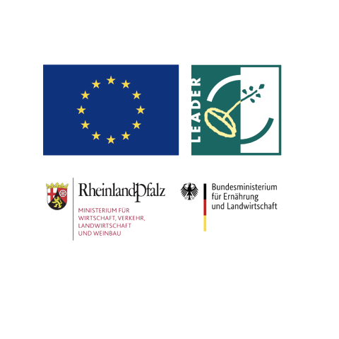 Coat of arms of Europe, LEADER funding logo, logo of the Rhineland-Palatinate Ministry of Economics, Transport, Agriculture and Viticulture, logo of the Federal Ministry of Food and Agriculture