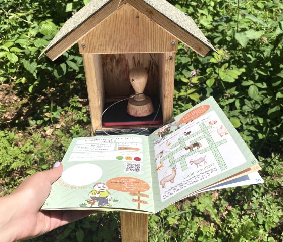 Open brochure ‘Hiking Pass for Kids’ with puzzle page held up in front of the corresponding stamp station.