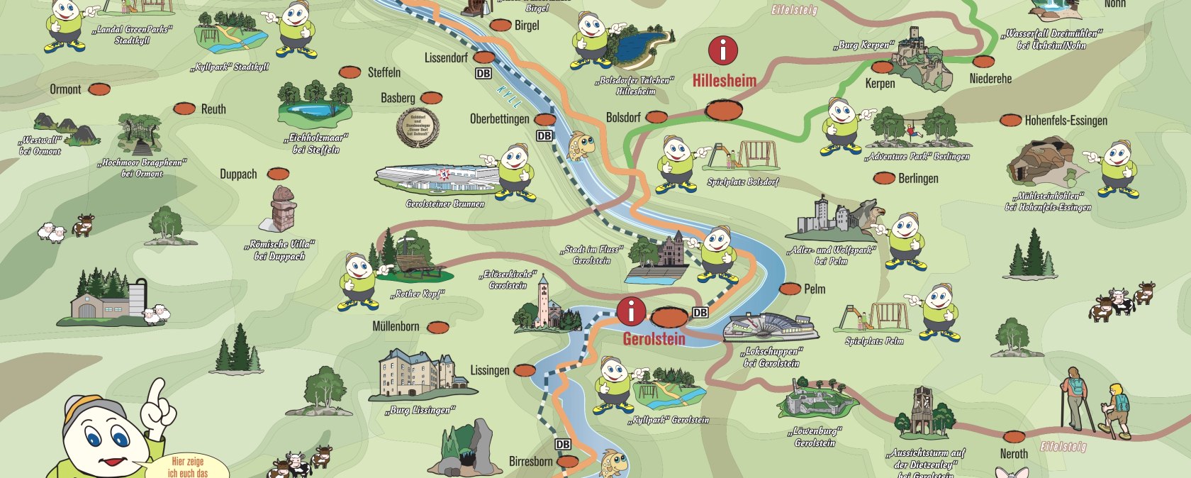 Eine bunt illustrierte Landkarte der Region Gerolsteiner Land mit Ansicht zahlreicher familienfreundlicher Sehensw&uuml;rdigkeiten und Aktivit&auml;ten. Immer wieder das Maskootchen Willi Basalt in der Region verteilt. 