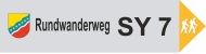 Schild des Rundwanderwegs SY 7 mit Wappen und Wanderersymbol.