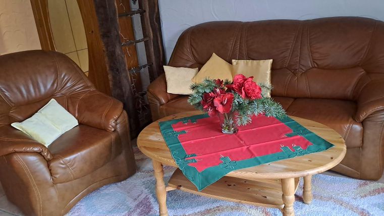 Ein Wohnzimmer mit einer braunen Leder- Couch und einem Sessel. Auf dem Tisch liegt ein rotes Tischset mit einem Blumenarrangement.