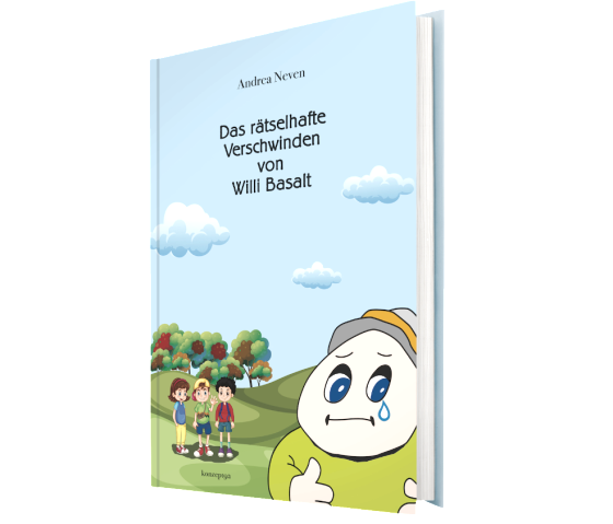 Cover page of the children's book &lsquo;The Mysterious Disappearance of Willi Basat&rsquo; with colourful illustrations of a landscape with children and the mascot Willi Basat.
