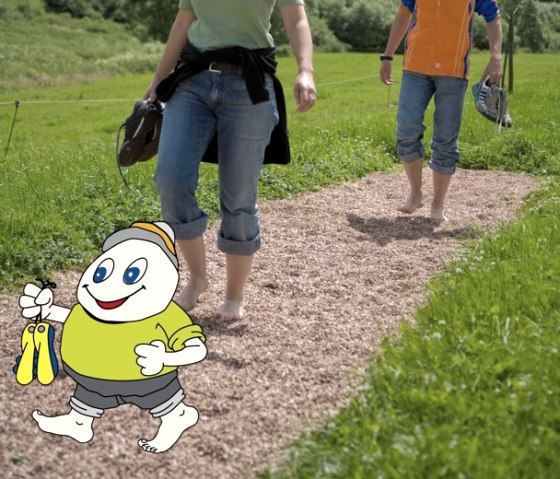  Cartoonfigur Willi Basalt mit grünem Shirt, grauer Hose und gelben Schuhen wandert mit den Schuhen in der Hand barfuß über den Barfußpfad mit zwei anderen Personen dahinter.