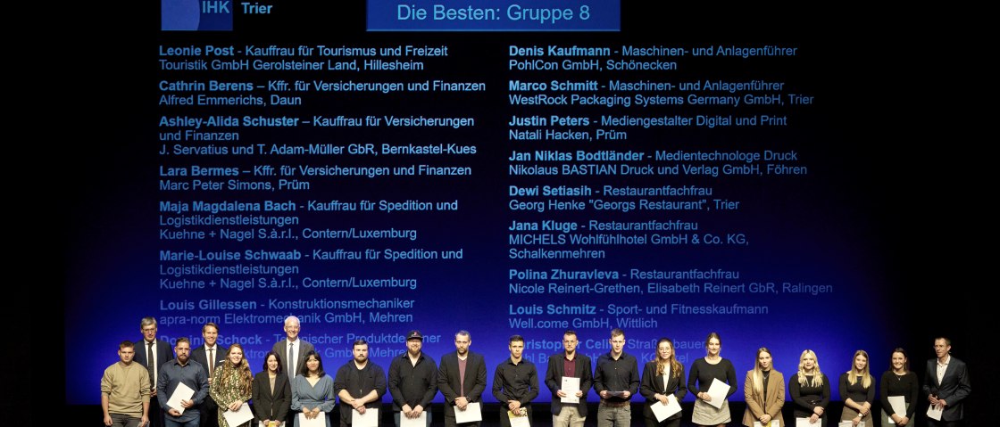 Einige Personen stehen nebeneinander auf einer B&uuml;hne und halten Auszeichnungen in den H&auml;nden. Hinter Ihnen werden auf eine Leinwand die Namen der Absolventen gezeigt.