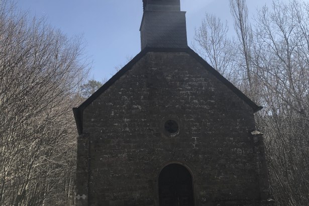Die Büschkapelle in Gerolstein, aus Stein gebaut, steht vor einem klaren blauen Himmel. Bäume umgeben die Kapelle, die einen kleinen Turm hat., © Touristik GmbH Gerolsteiner Land, Leonie Post