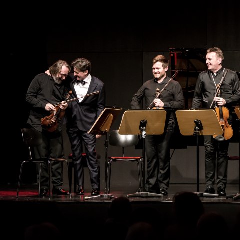 Fünf Musikanten auf einer Bühne mit Streichinstrumenten in der Hand stehen nebeneinander und lachen.