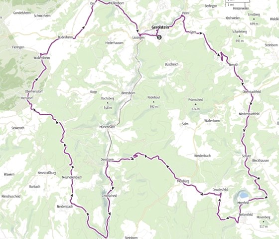 Kaart toont een route rond Gerolstein, Duitsland. De route loopt door verschillende steden en is paars gemarkeerd., &copy; Touristik GmbH Gerolsteiner Land