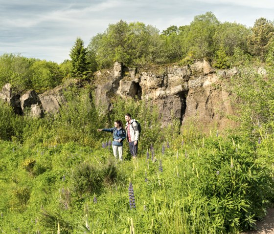 Zwei Wanderer auf einem gr&uuml;nen Pfad vor der Felswand des Vulkangartens Steffeln, umgeben von &uuml;ppiger Vegetation und blauem Himmel., &copy; Eifel Tourismus GmbH, Dominik Ketz