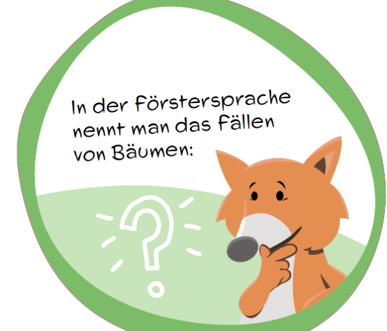 Quiz-Schild zur F&ouml;rstersprache mit Fuchs-Maskottchen.