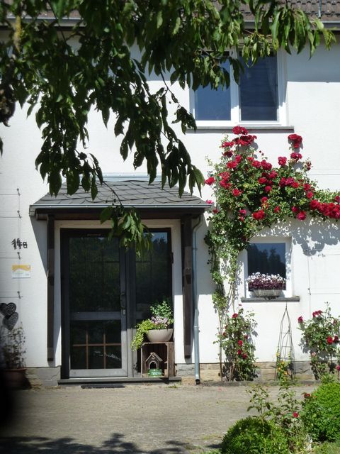 Ein schönes Haus mit einer einladenden Eingangstür. Rote Rosen blühen an der Wand und verschönern den Eingangsbereich.