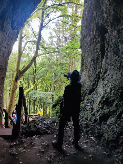 Eine Person steht in Eingangsbereich einer Steinhöhle und richtet eine Pistole in den davor liegenden Wald. Eine Leiter führt hinunter, wo weitere Personen stehen.