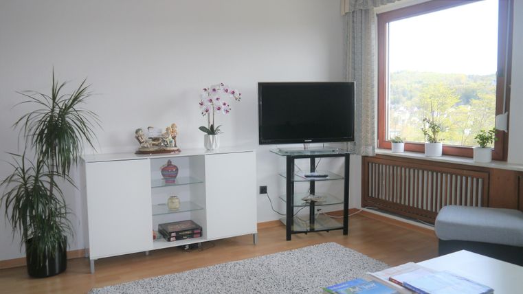 Ein gemütlicher Wohnraum mit einem Fernseher und einem weißen Sideboard. Am Fenster stehen Pflanzen und der Raum hat einen Blick ins Grüne.