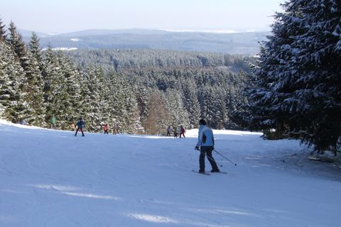 Eine schneebedeckte Skipiste umgeben von Bäumen. Im Hintergrund sind die Berge und ein klarer Himmel zu sehen.