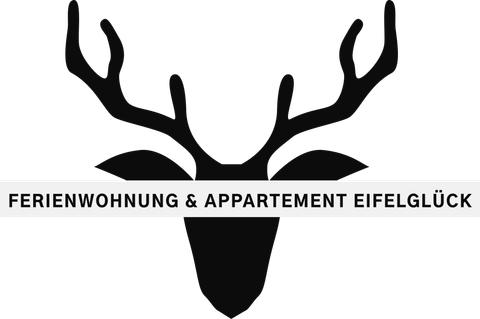 Ein schlichtes Logo mit einem stilisierten Geweih und dem Schriftzug „Ferienwohnung & Appartement Eifelglück“. Ideal für Ferienunterkünfte in der Eifelregion.