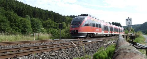 Eine Regionalbahn , die durch grüne Wälder auf Schienen fährt.