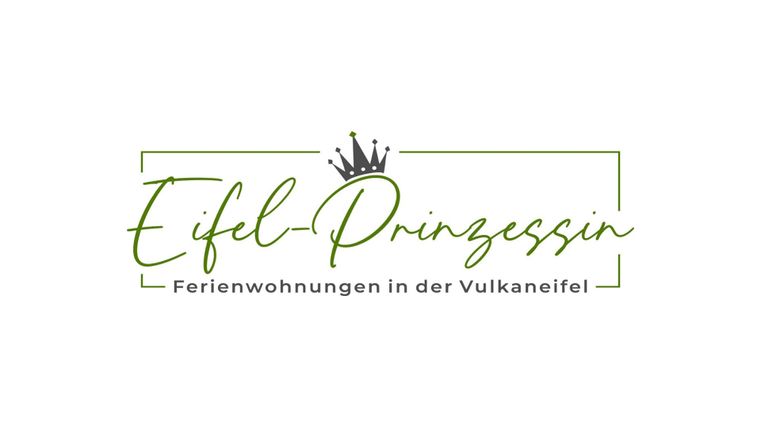 Ein Logo für "Eifel-Prinzessin", das Ferienwohnungen in der Vulkaneifel anbietet. Es zeigt eine elegante Schrift mit einer Krone und grünen Akzenten.