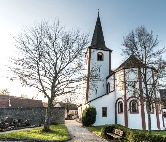 Kloster Niederehe mit weißer Kirche und rotem Turm, umgeben von kahlen Bäumen und einem Friedhof. Ein sonniger Tag mit blauem Himmel., © Eifel Tourismus GmbH, D. Ketz