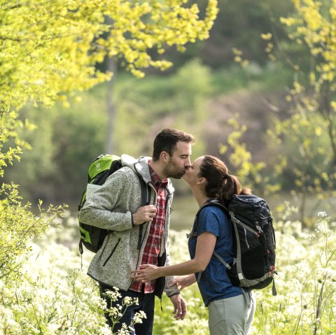 Flowering green meadows and bushes, and in the middle of them two hikers on the path kissing each other.