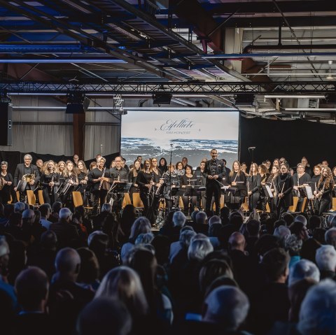 Dunkle Halle, in der sich ein großes Orchester vor seinem Publikum erhebt.