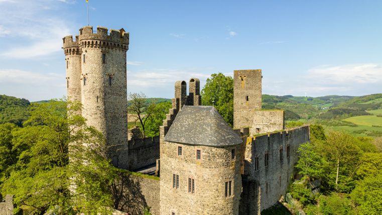 Mehrere Burgtürme ragen aus einer bewaldeten Landschaft hoch in die Luft