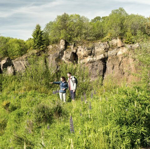Zwei Wanderer auf einem gr&uuml;nen Pfad vor der Felswand des Vulkangartens Steffeln, umgeben von &uuml;ppiger Vegetation und blauem Himmel., &copy; Eifel Tourismus GmbH, Dominik Ketz