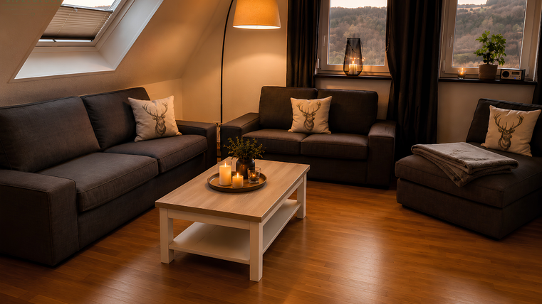 A cozy living room with dark sofas and a wooden table. The lighting creates a warm, inviting atmosphere.