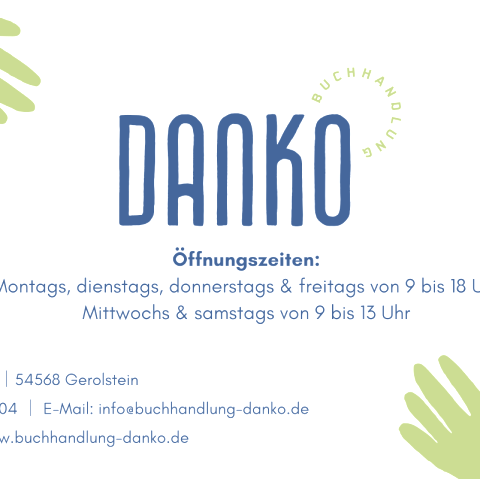 Logo der Buchhandlung Danko mit Öffnungszeiten, Adresse, Kontaktdaten und Internetseite.