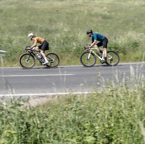 Two cyclists ride along a country road through a green, rural landscape. Fields and trees can be seen in the background., © Eifel Tourismus GmbH, Dennis Stratmann