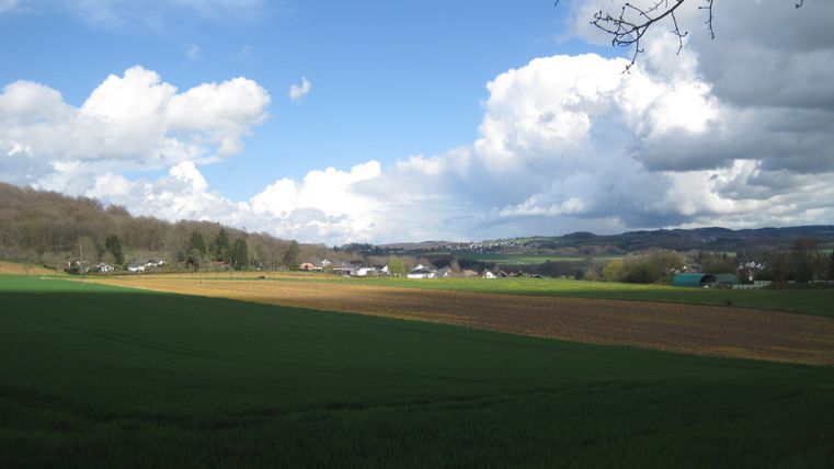 Landschaft mit Feldern und Wolken über Oberbettingen.
