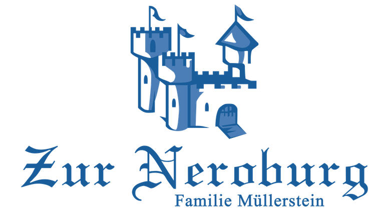 Un logo de "Zur Neroburg" avec un château stylisé et des drapeaux. Le design est en bleu et affiche le nom de famille Müllerstein.