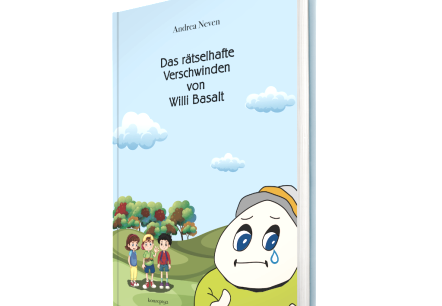 Titelseite des Kinderbuchs "Das r&auml;tselhafte Verschwinden von Willi Basat" mit bunten Illustrationen einer Landschaft mit Kindern und dem Maskottchen WIlli Basat