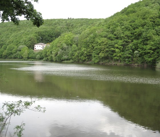 Ein ruhiger See umgeben von grünen, bewaldeten Hügeln. Ein einzelnes Gebäude steht am Ufer, eingebettet in die Natur., © Touristik GmbH Gerolsteiner Land