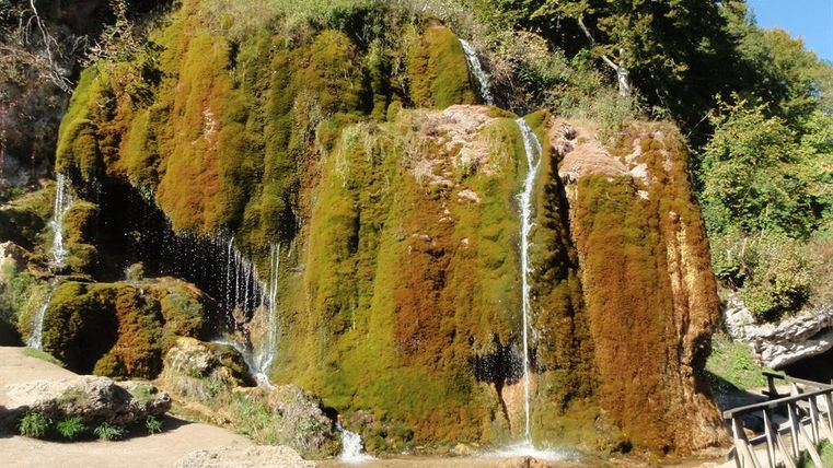 Ein malerischer Wasserfall, der über grüne, mit Moos bewachsene Felsen fließt. Umgeben von üppiger Vegetation strahlt die Szene natürliche Schönheit aus.