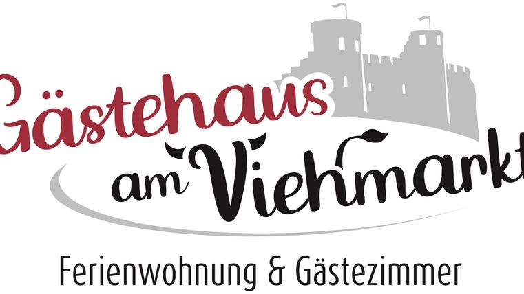 Ein Logo für das Gästehaus am Viehmarkt. Es zeigt eine Burg und hebt Ferienwohnungen und Gästezimmer hervor.