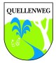 Logo met het opschrift 'Quellenweg'. Het toont een gestileerd landschap met een boom, een waterbron en planten in groen en blauw., © Touristik GmbH Gerolsteiner Land