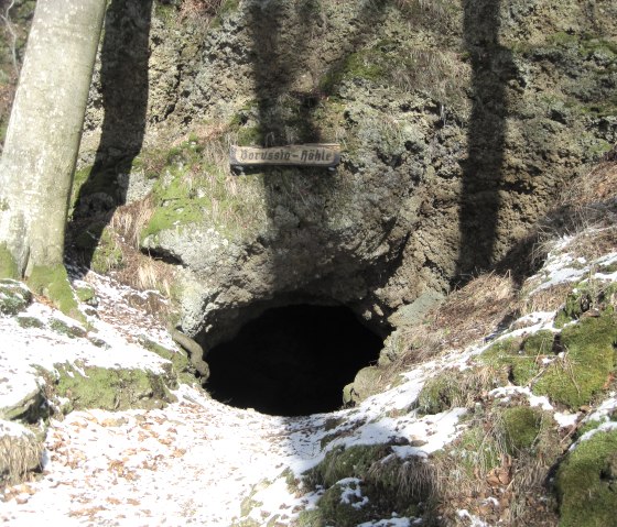 Entrance to the Borussia Cave in Hohenfels-Essingen, surrounded by moss and light snowfall. A wooden sign marks the entrance to the cave., © Touristik GmbH Gerolsteiner Land, Ute Klinkhammer