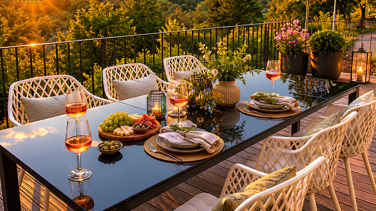 A beautifully set table on a terrace, surrounded by plants and at sunset. There are glasses with drinks and various snacks on the table.