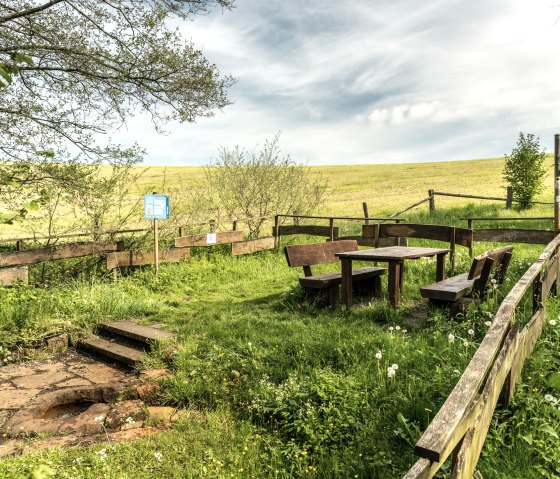 Rest area with wooden benches and table on a green meadow, surrounded by trees and signposts. A sign and a spring are visible., © Eifel Tourismus GmbH, Dominik Ketz