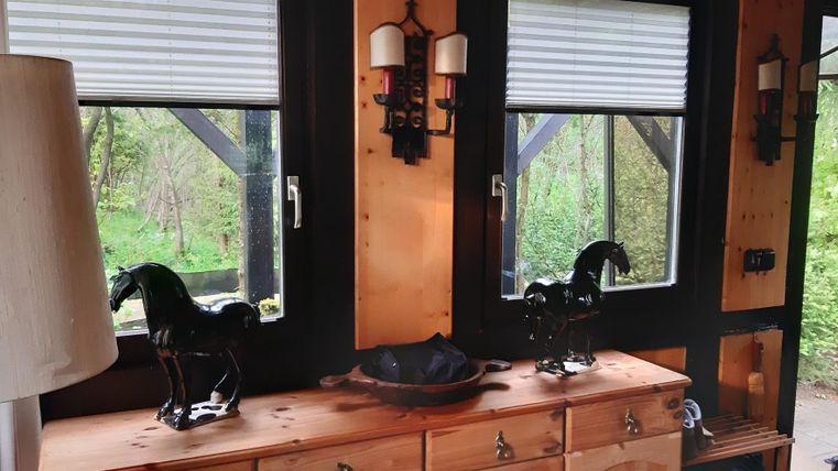 Ein gemütlicher Raum mit Holzregalen und großen Fenstern. Zwei dekorative Pferdestatuen stehen auf der Kommode.