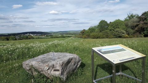 Panoramablick über eine grüne Wiese mit einem Felsen und einer Infotafel im Vordergrund, im Hintergrund ein Dorf und Hügel.