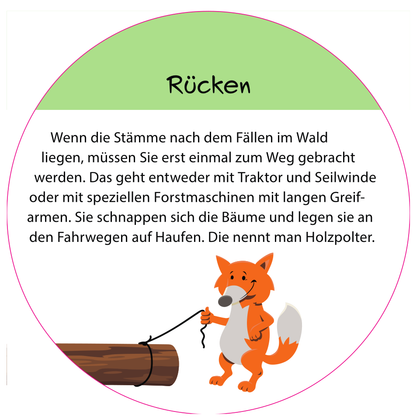 Informationsschild "Rücken" mit Fuchs-Maskottchen.