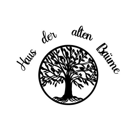 A black tree design in a round frame. Surrounding it is the text "House of Old Trees".