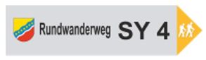 Wegweiser für den Rundwanderweg SY 4 mit Wappen und Wanderersymbol.