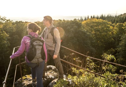 Two people stand on a rock overlooking a forest and hills in the background.