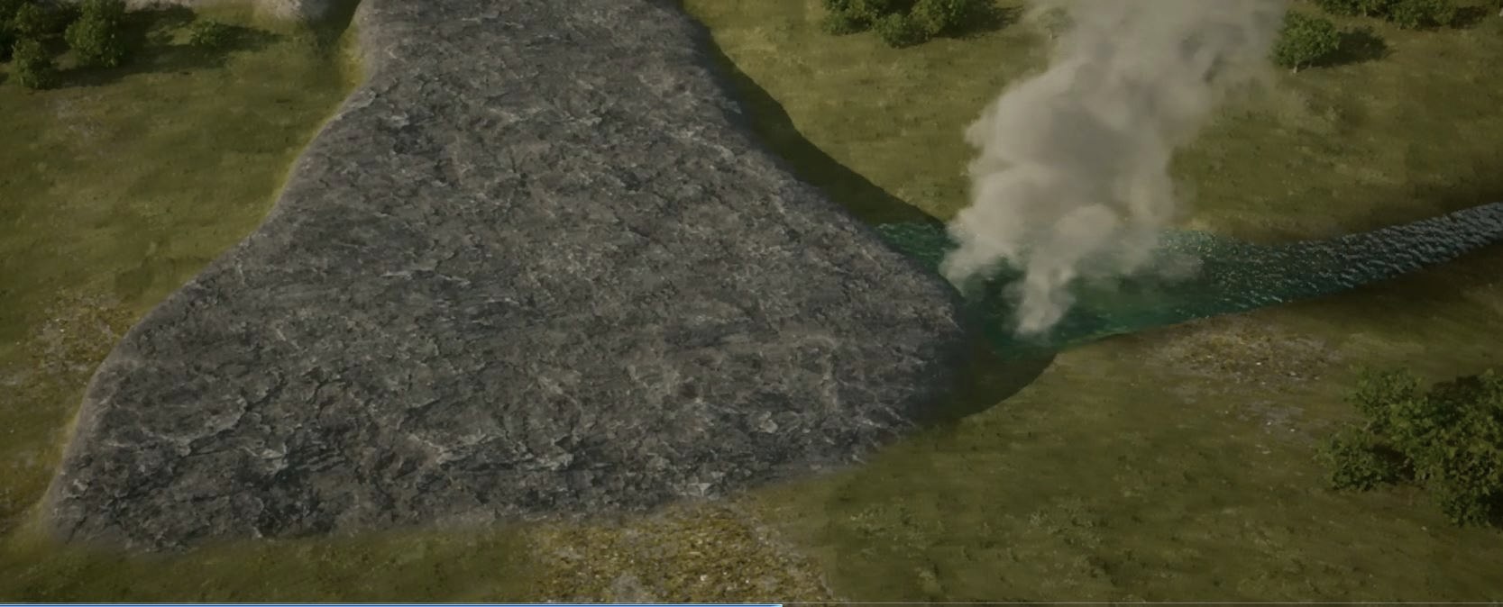 Visualisierung abk&uuml;hlender Lava des Sarresdorfer Lavastroms in Kontakt mit einem Fluss