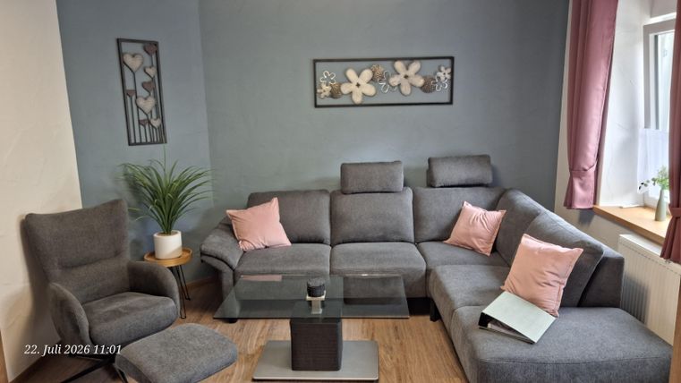 Ein modernes Wohnzimmer mit einer bequemen grauen Couch und einem Couchtisch. Es gibt Dekorationselemente wie Kissen und Pflanzen sowie ein Fenster mit Tageslicht.