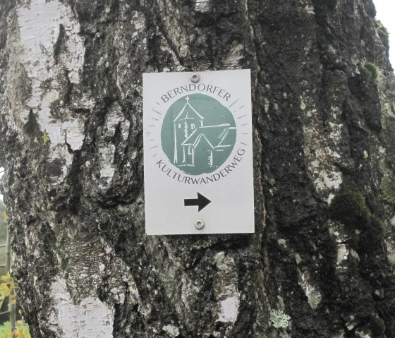Schild am Baum mit der Aufschrift 'Berndorfer Kulturwanderweg' und einem Pfeil nach rechts. Der Baum hat eine raue, bemooste Rinde., &copy; Touristik GmbH Gerolsteiner Land, Ute Klinkhammer